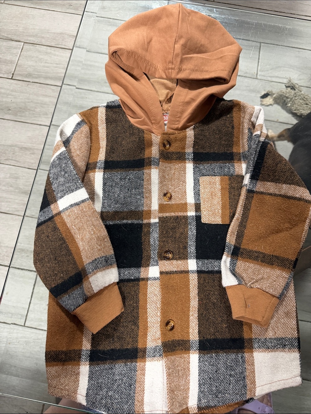 Kids Plaid Hooded Button-Up Coat in Brown Plaid